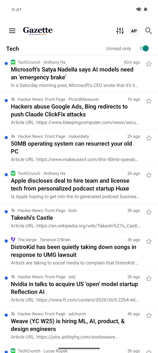 Gazette list view of a Tech folder with unread stories