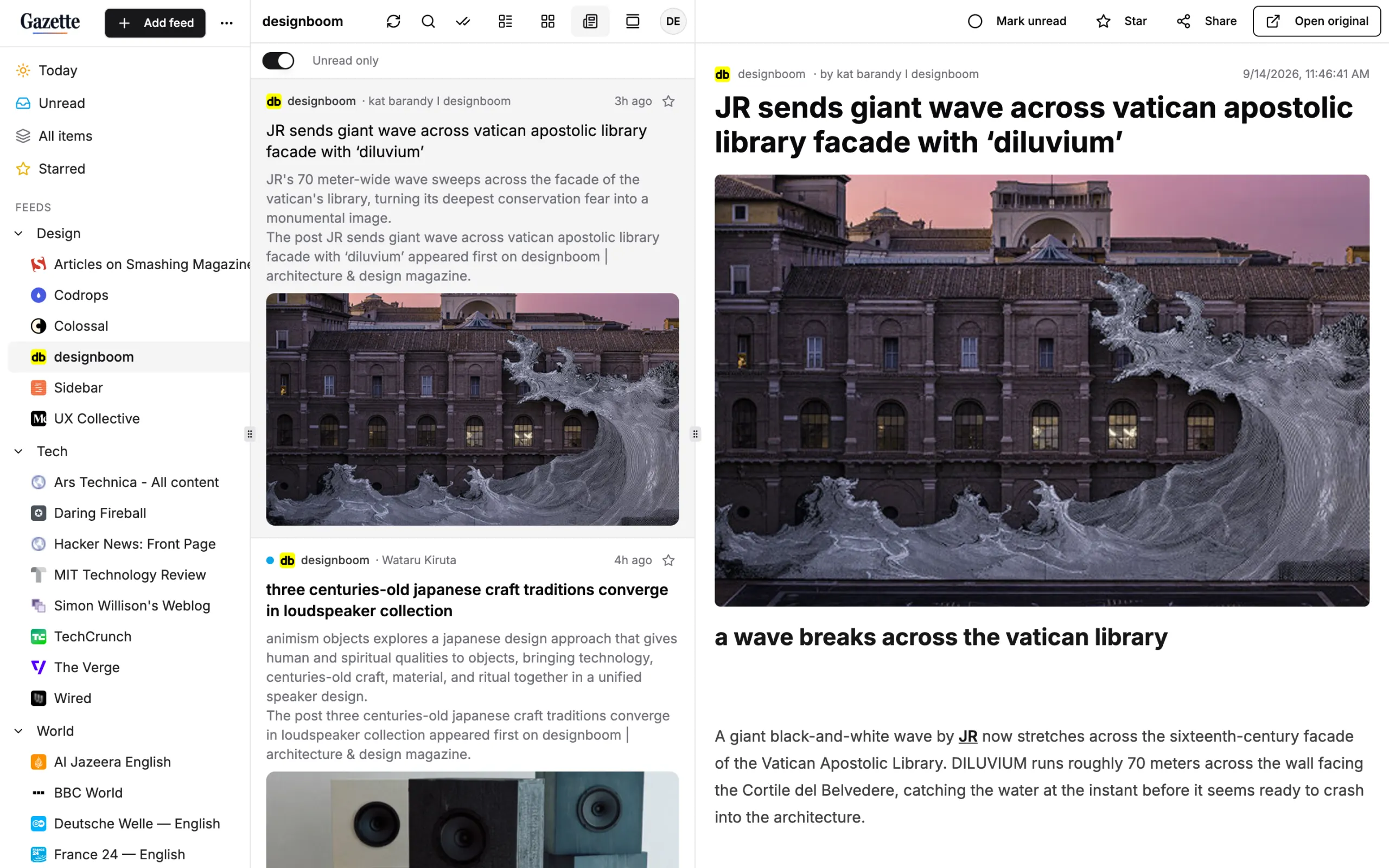 Gazette web reader in magazine view with a story open